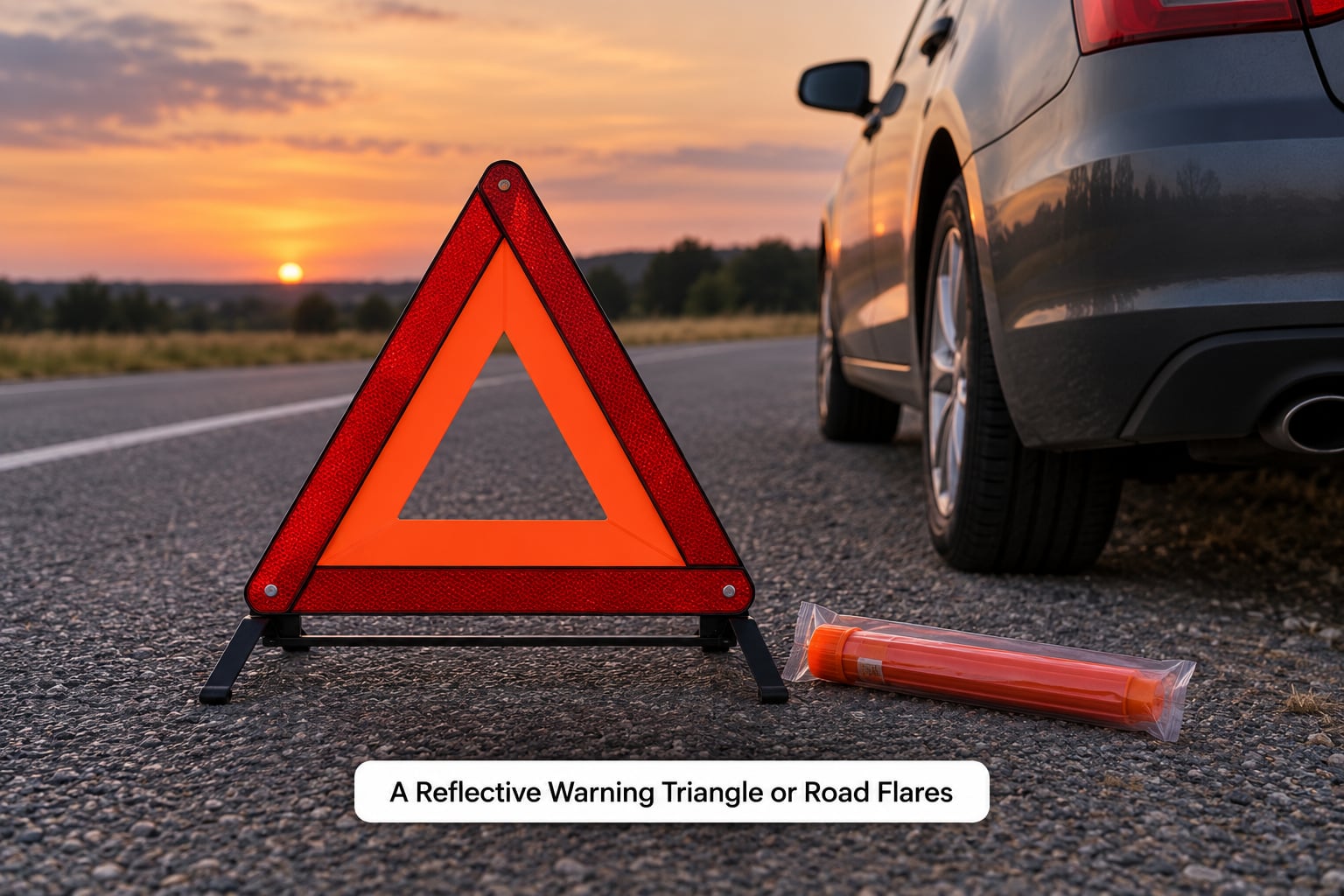 A Reflective Warning Triangle or Road Flares